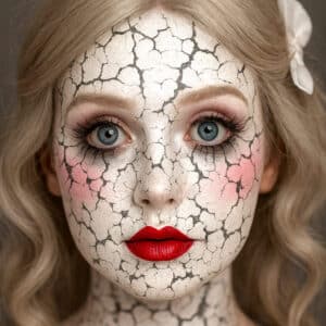 Cracked porcelain doll makeup with red lips and eerie vintage detail by Vizio Makeup Academy.