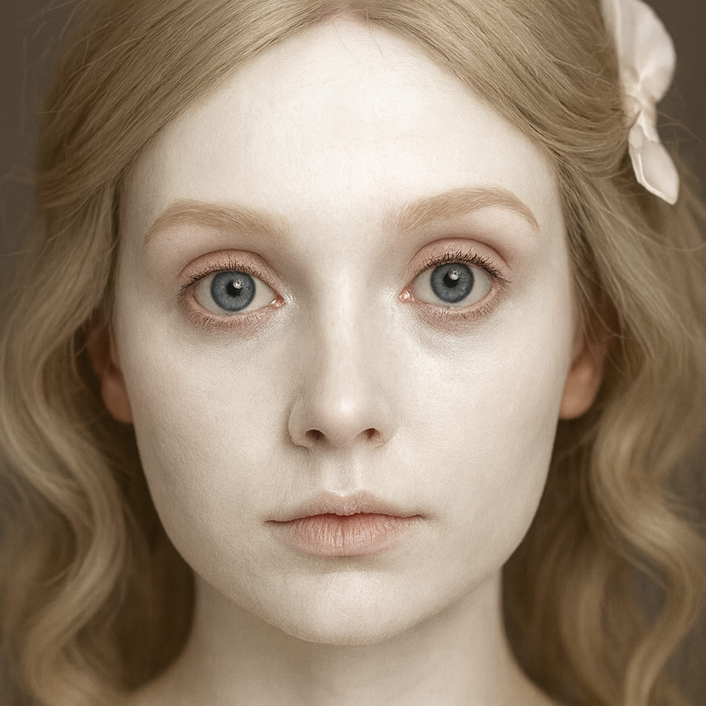 Close-up of a woman with pale foundation creating a porcelain base for cracked doll makeup.