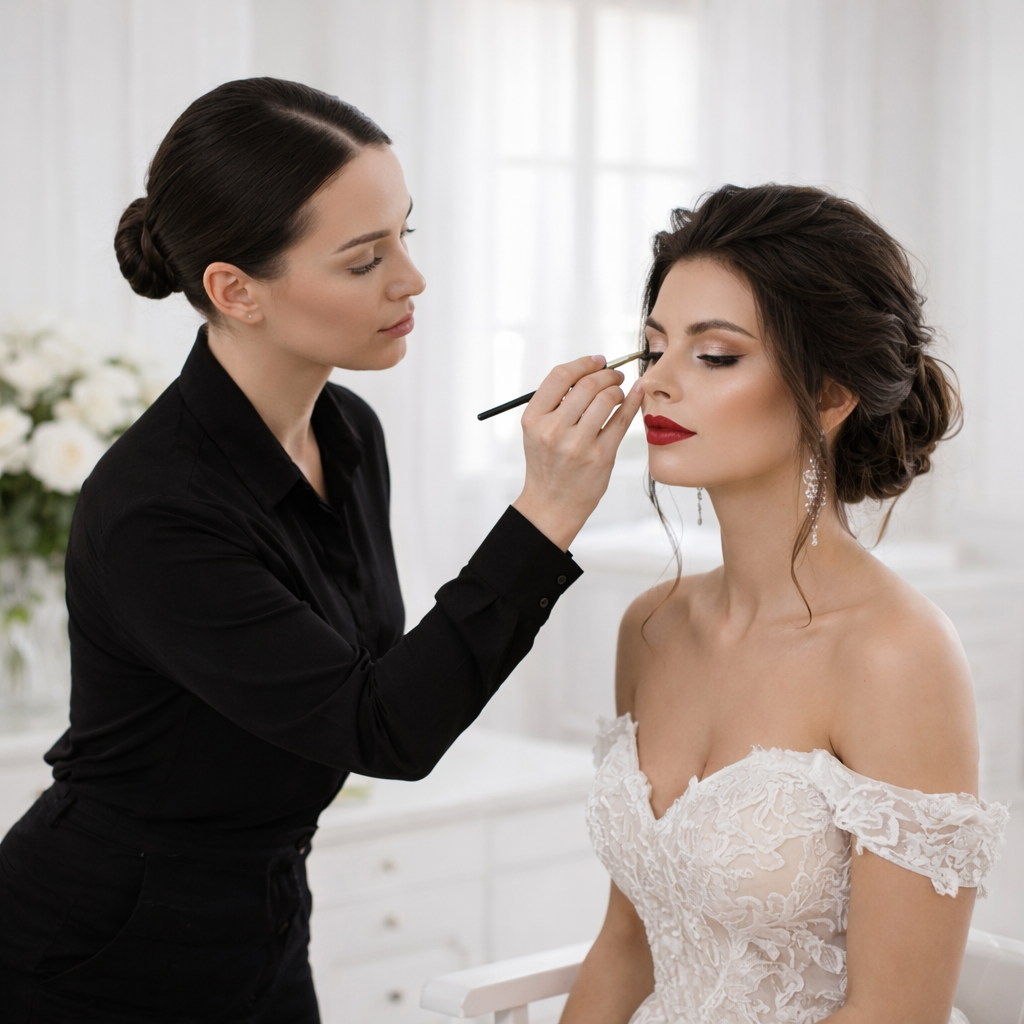 Soft glam bridal makeup look with pink eyeshadow and glowing skin from the Bridal Makeup Course at Vizio Makeup Academy.