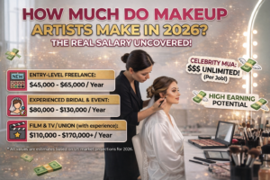 Makeup artist applying makeup to a client with salary breakdown for freelance, bridal, and film makeup careers