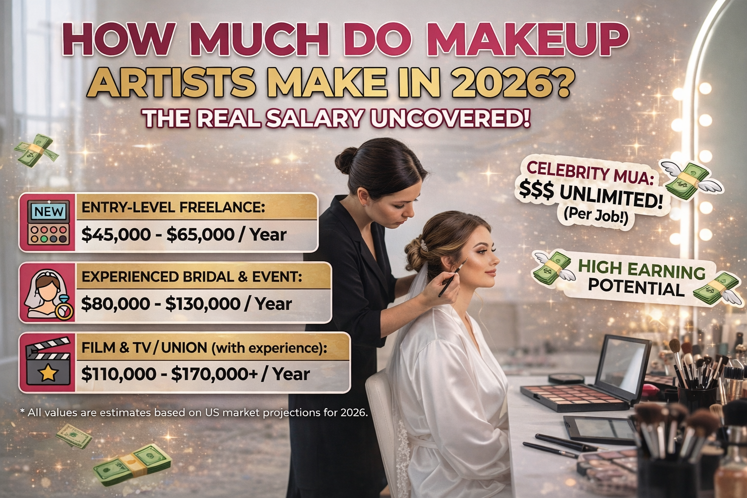 Makeup artist applying makeup to a client with salary breakdown for freelance, bridal, and film makeup careers