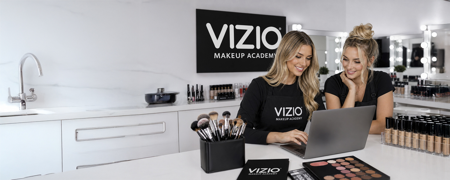 Students comparing Vizio Makeup Academy Intro, Master, Premier, and Elite online makeup courses