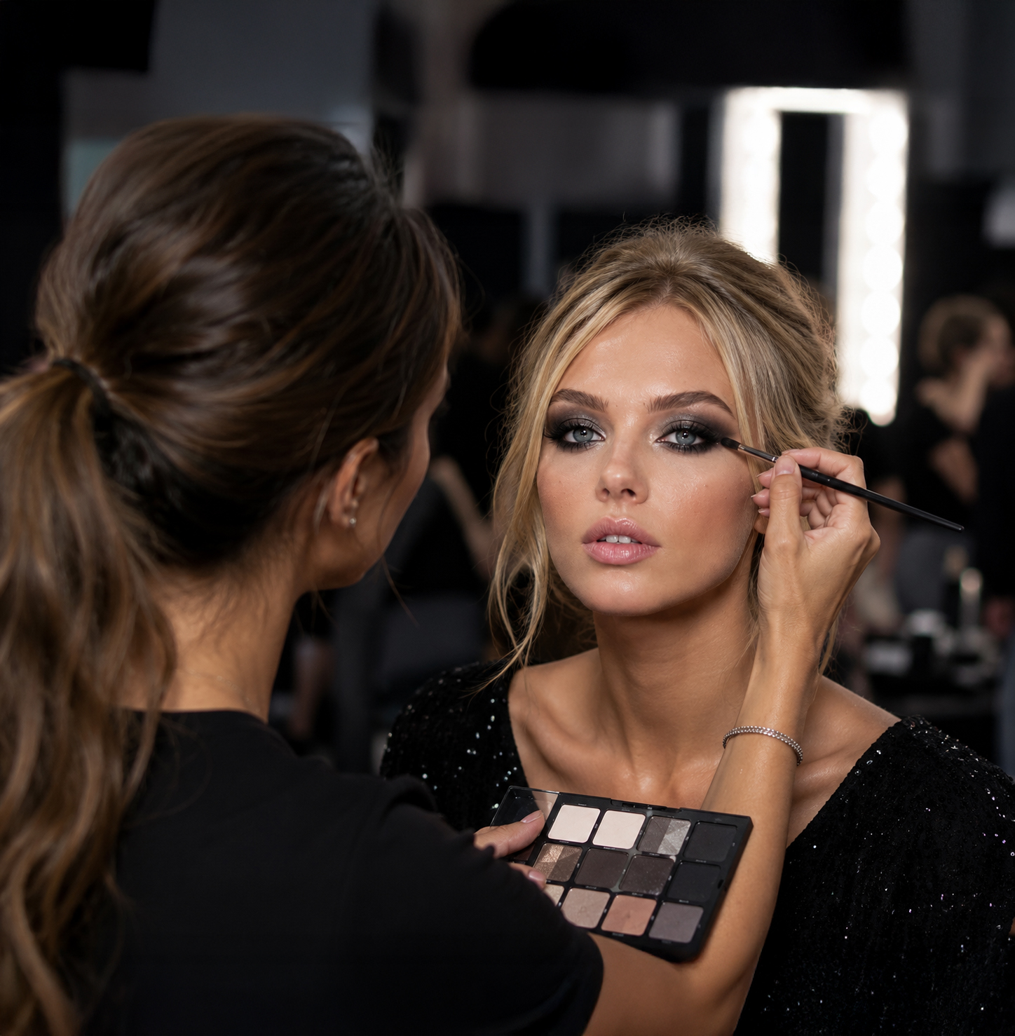 Celebrity Makeup Artist Backstage at a Fashion Show Celebrity makeup artist applying smoky eye makeup to a model backstage at a fashion show