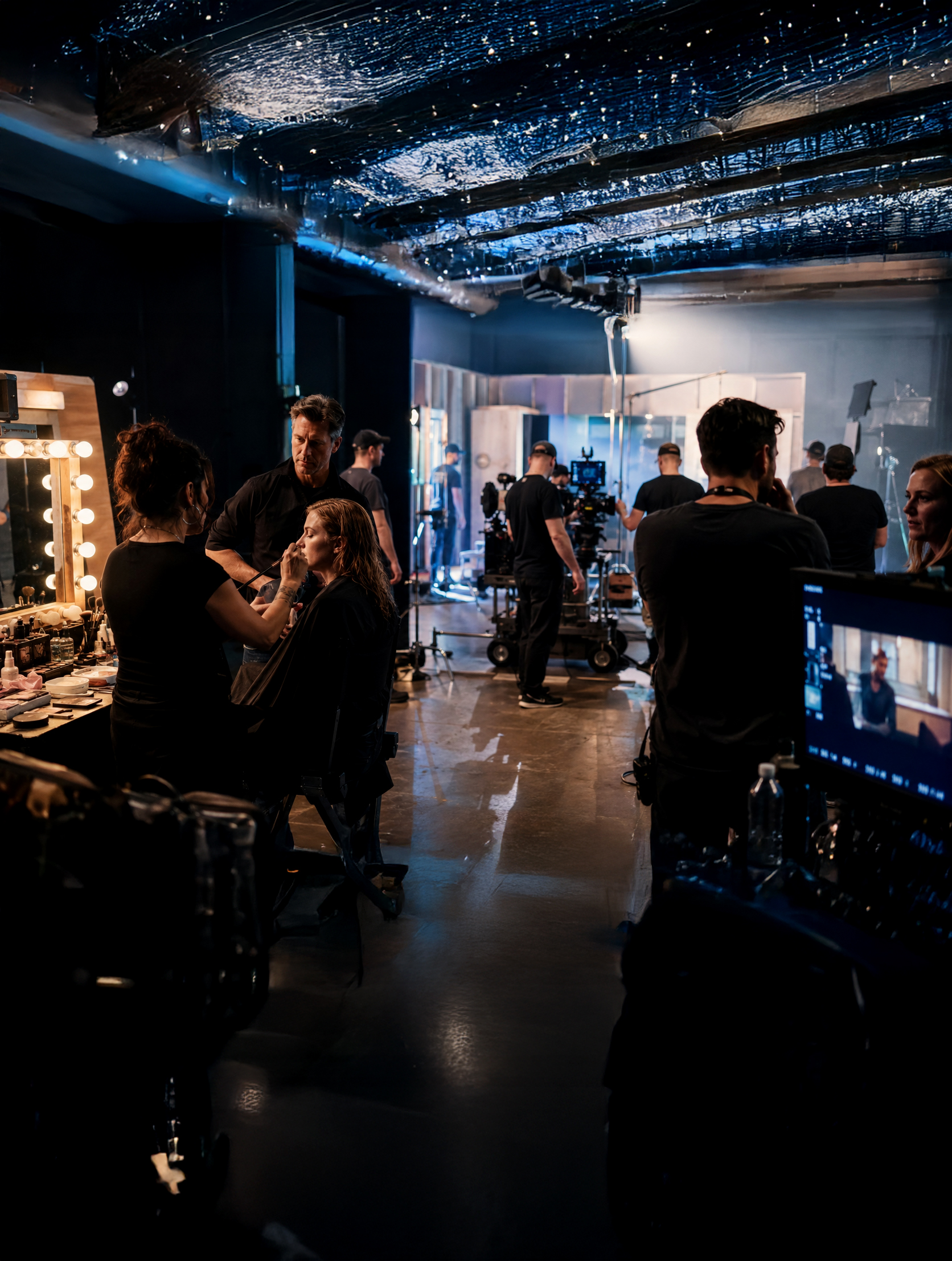 Hollywood Makeup Artists on a Film Production Set Professional makeup artists preparing talent on a Hollywood film and television production set