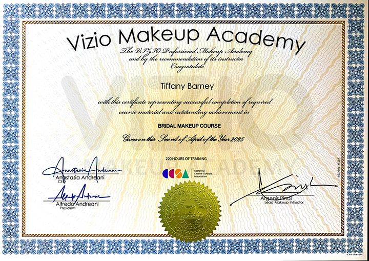 Tiffany Barney displaying her Vizio Makeup Academy professional makeup artist certificate