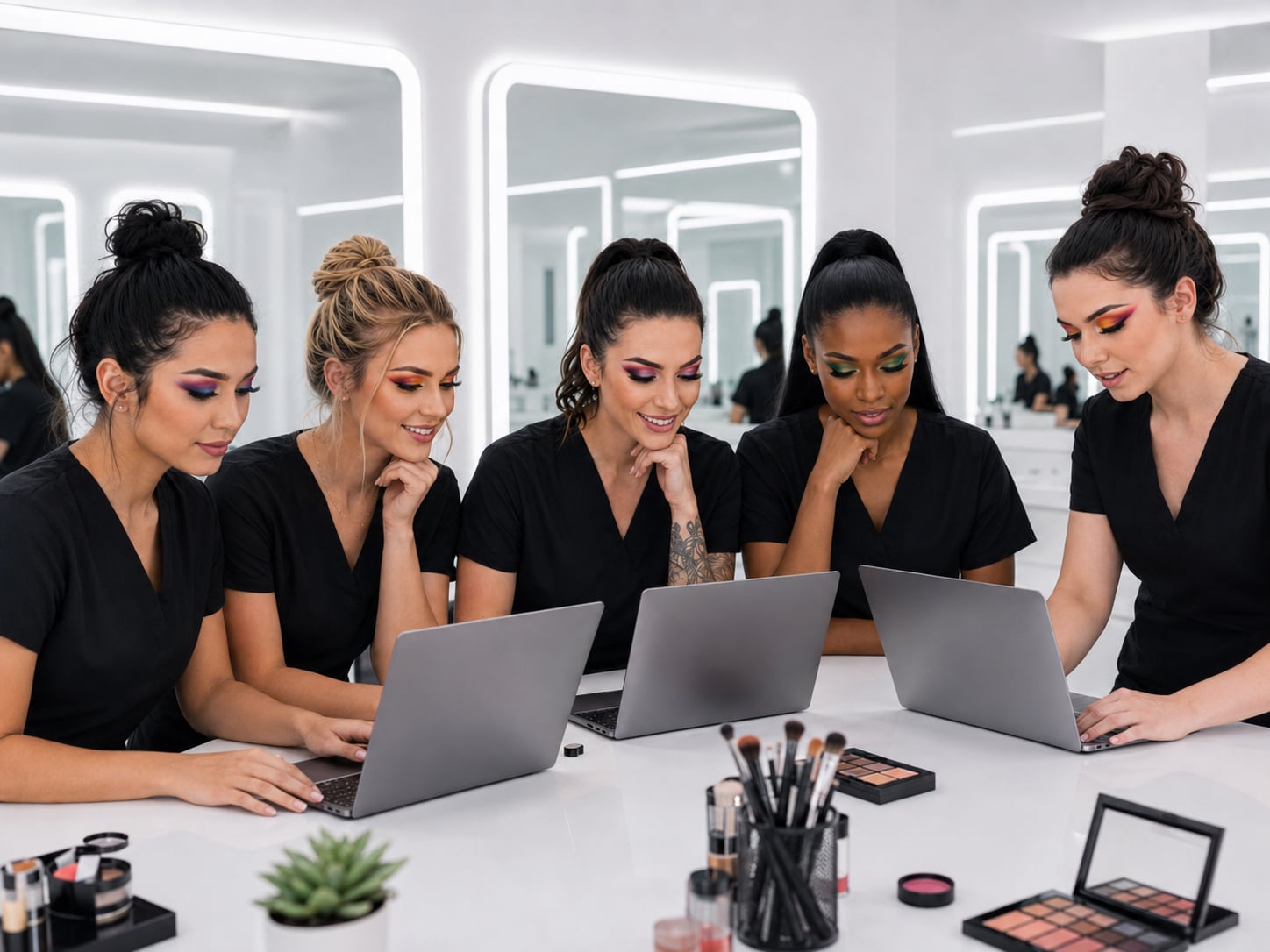 Students learning makeup online on laptops through Vizio Makeup Academy