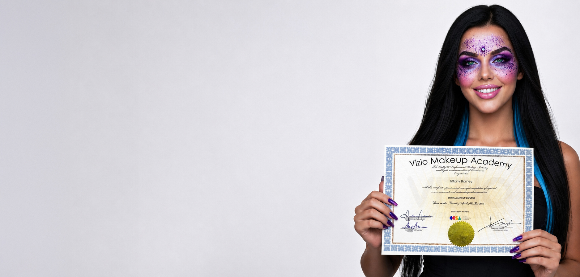 Vizio Makeup Academy graduate displaying her makeup artist certificate