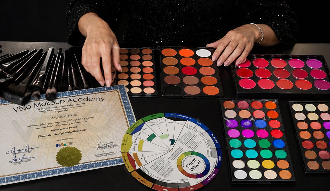 Professional makeup products, palettes and tools used for kit building and product selection