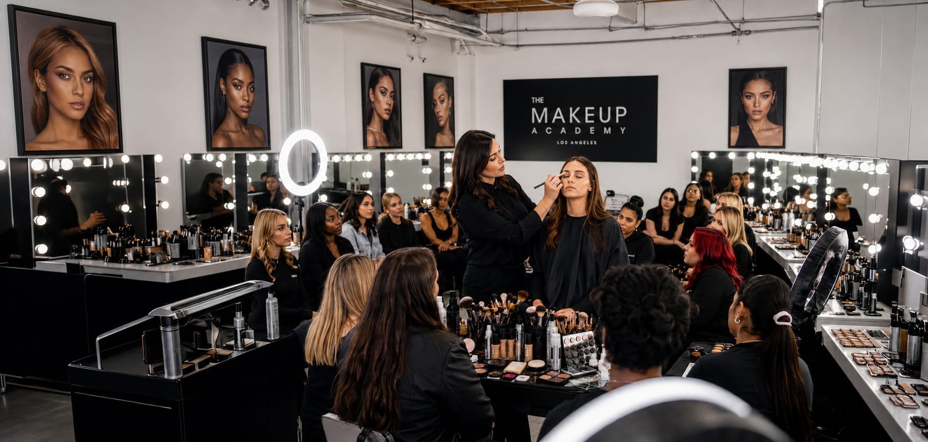 Makeup instructor teaching a professional makeup course