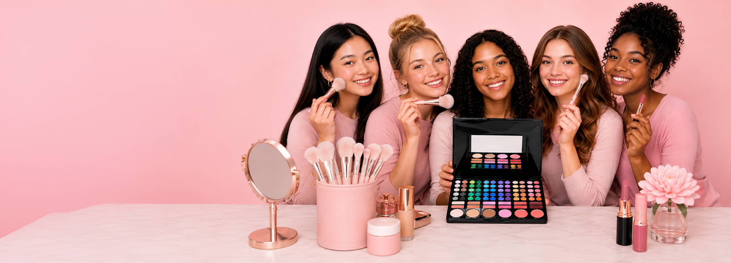Teen students exploring makeup, beauty art and creative design